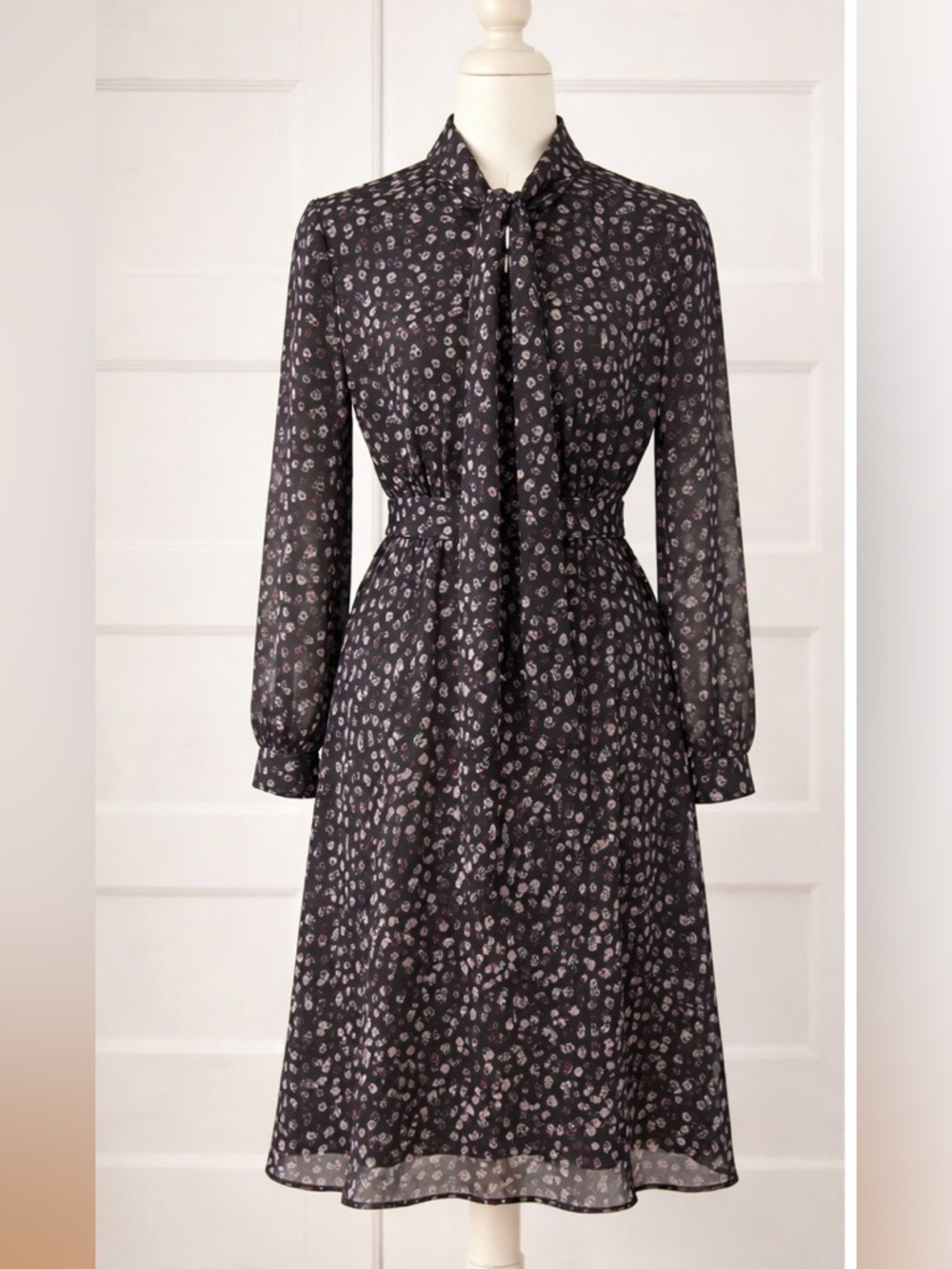 Long Sleeve Black Floral Midi Dress - Size 6